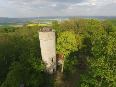 Das Bild zeigt den Burgturm der Burgruine Grubenhagen, der aus einer grünen Landschaft mit Weitblick in das umliegende Leinetal herausragt.