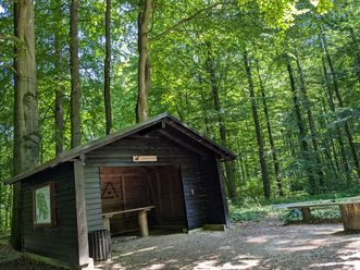 Holzhütte mit Satteldach und Rastbank im grünen Laubwald am Burgweg in der Hube bei Einbeck