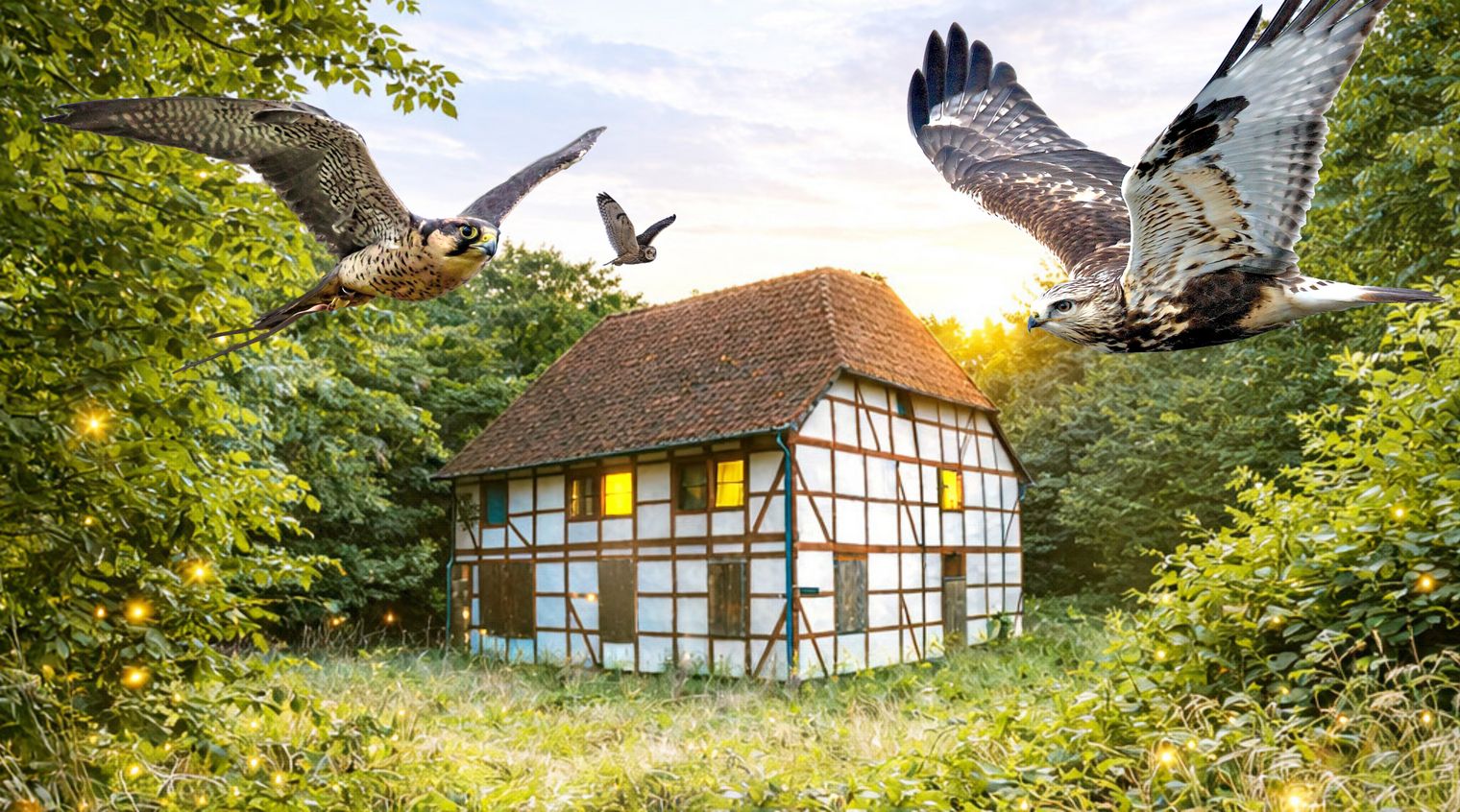 Greifvögel fliegen über eine Fachwerkmühle im Wald, umgeben von warmem Licht.