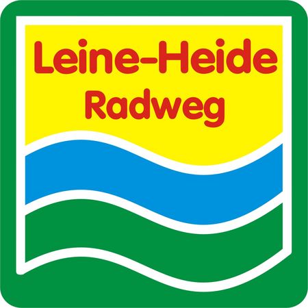 Leine-Heide-Radweg-Logo mit Wellenmotiv auf gelbem Hintergrund und grünem Rand.