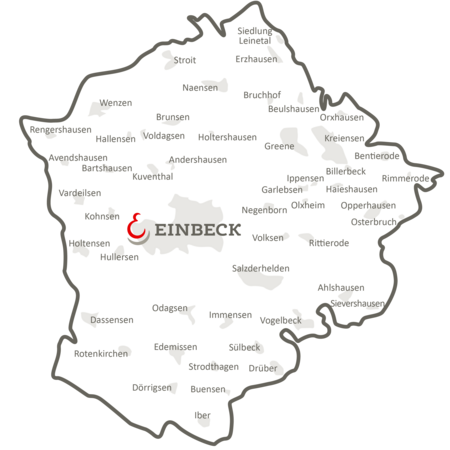 Karte mit den Ortschaften der Stadt Einbeck.