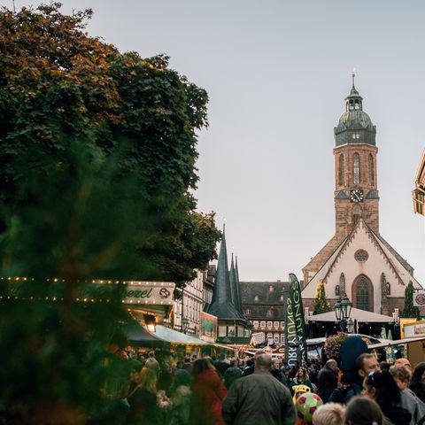 Der belebte Marktplatz in der Einbecker Innenstadt beim Eulenfest. Darauf viele Stände mit Leckereien.