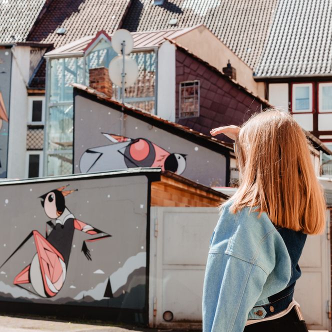 Eine Person steht vor einem Street-Art Spot in Einbeck bei Sonnenschein.
