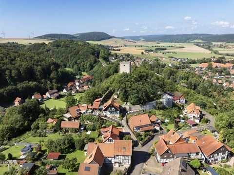 Luftaufnahme der Greener Burg im Sommer.
